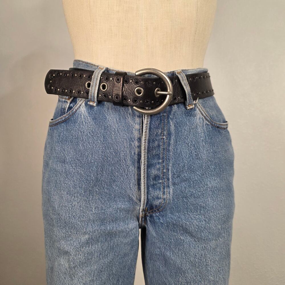 Fossil Women's Size Small Black Genuine Leather Grommet Studded Western Belt - Picture 2 of 8